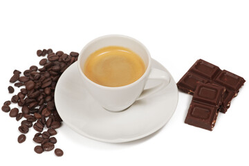 Cup of coffee and piece of chocolate and coffe beans on white background, isolated