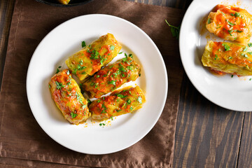 Cabbage rolls stuffed with ground beef and rice