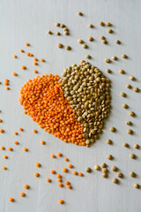 Red and green Lentils. Healthy foods, healthy lifestyle, protein sources for vegetarians. Lentil soup ingredients..Heart made of red and green lentils.