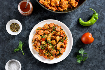 Creole jambalaya with chicken, smoked sausages and vegetables
