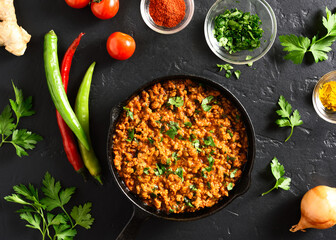 Keema curry in frying pan