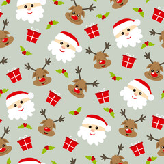 Christmas seamless pattern with Santa Claus, reindeer, holly and gifts.