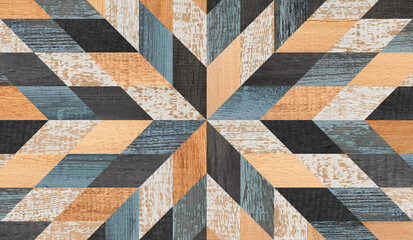 Colorful parquet floor with geometric pattern made of barn boards. Weathered wood texture background. Grunge wooden panel  for wall decor. - 395800705