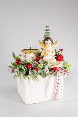 Advent composition with candles, table handmade arrangement mini decoration for new year, artificial Christmas tree interior decoration