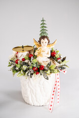 Advent composition with candles, table handmade arrangement mini decoration for new year, artificial Christmas tree interior decoration