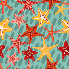 Starfishes, shells and stones flat hand drawn vector seamless pattern. Colorful wallpaper in scandinavian style. Summer sea background. Abstract design for prints, wrap, textile, fabric, decor, cards.