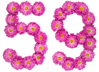 Arabic numeral 59, fifty nine,59, fifty nine, from flowers of chrysanthemum, isolated on white background