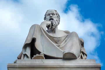 Poster Socrates, one of the greatest philosophers and thinkers of manking, lived and teached in ancient Athens. His statue is at the Academy of Athens, in Greece, Europe.  © YiannisMantas