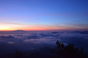 Dawning sky with sea of clouds at Phu Chee Pher viewpoint  Mae Hong Son Northern  Thailand.