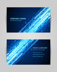 Fototapeta premium Abstract business card with linear shapes and dots vector banner. Techno blue stripes template with creative gradient dust.
