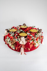 Advent wreath with candles, table handmade arrangement mini decoration for new year, artificial Christmas tree interior decoration