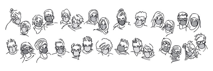 Set of template people in a medical mask. Pandemic virus. Portrait of a women and man head silhouette drawn a minimal graphic style. Vector illustration. Multinational group of people