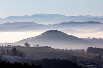 ground fog in area named "Steirisches Almenland" near Semriach in Styria, Austria