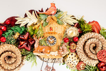 Advent wreath with candles, table handmade arrangement mini decoration for new year, artificial Christmas tree interior decoration