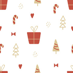 Christmas texture with gold and red tree, gif box, candy canes. Hand drawn unique seamless pattern for greeting card. Winter design elements. Celebration party decoration. Vector illustration