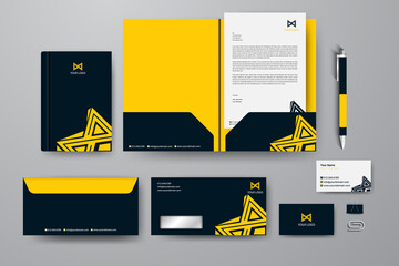 Brand identity company style template demonstrated on office supplies and stationery for businesses. Consist of business cards, A4 letterheads, folder, envelopes and notebook.