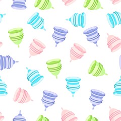 Menstrual cup seamless pattern. Set of menstrual cups on pink background. Women's health.