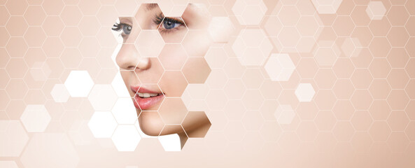 Young sensual woman face appears from mosaic honeycombs. Over beige background.