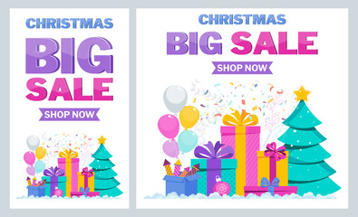 Christmase big sale flat vector banner. Christmas tree, boxes with gifts.