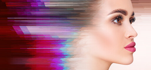 Beautiful female face eith glitch effect over white background.