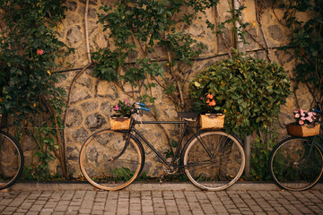 Bicycle in front of a stone wall.