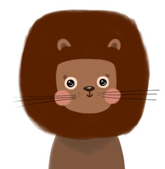 Cute lion illustration in nursery style for kids. Blushing smiling zoo animal in Africa for poster, card, invitation, baby shower