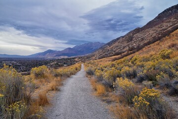 Provo Landscape views from the Bonneville Shoreline Trail (BST) and the Y trail, ancient Lake Bonneville, now the Great Salt Lake, Wasatch Front Rocky Mountains, Utah. United States.