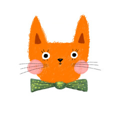 Cute orange baby fox cat kitty head illustration in nursery cartoon style for print, logo, toy shop or books with a green bow in dots on a white isolated background. Clip art art