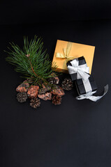 Gift boxes of gold and black with silver colors lie on a black textured background near a green pine branch surrounded by granite stones and dry spruce cones. Christmas concept. Close up. Top view