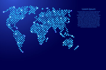 World map from blue pattern rhombuses of different sizes and glowing space stars grid. Vector illustration.