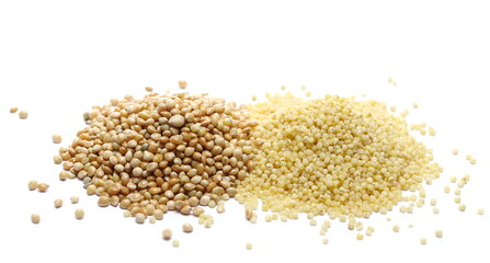 Peeled and unpeeled yellow millet seeds, organic food product isolated on white background