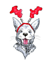 Ink and watercolor drawn christmas dog with holiday decor on head isolated on white background.