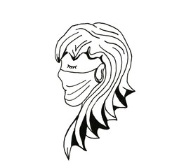 Ink drawn woman face in mask to protect from virus isolated on white background.