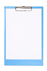 Light blue clipboard with empty white paper sheet for design and text. Closeup high resolution photo with copy space isolated on white background.