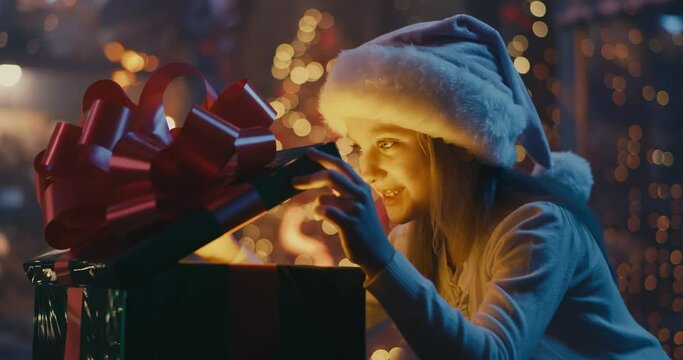 Happy girl opening magic Christmas present