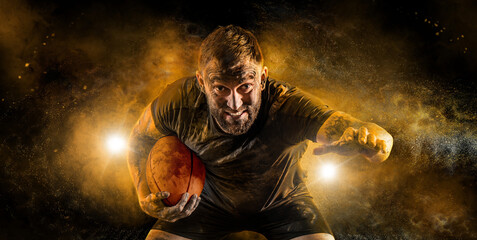 Rugby player in action. Sports banner