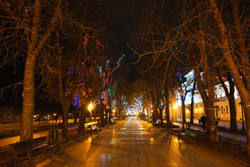 Night boulevard decorated with Christmas lights, Primorsky Boulevard, Odessa, Ukraine
