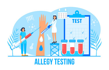 Allergist concept for medical websites and landing pages, blog. Disease of the skin and dermatological problems. Allergy testing illustration. Psoriasis, vitiligo, dermatitis, rash.
