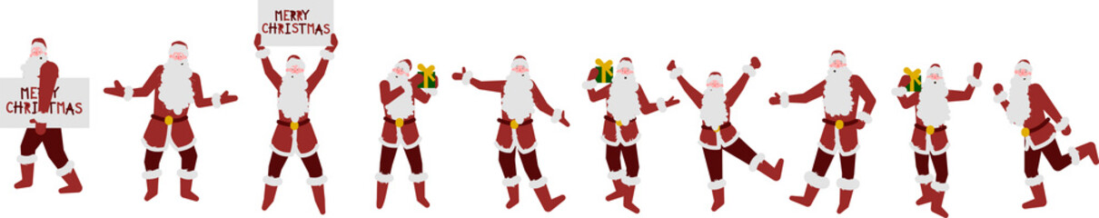 Santa Claus with White Beard Holding Placard and Wrapped Gift Box Posing Vector Set