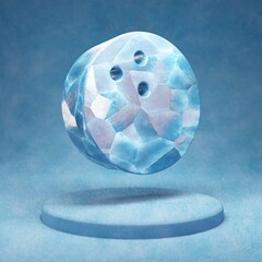 Bowling Ball icon. Cracked blue Ice Bowling Ball symbol on blue snow podium.