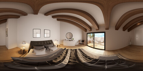 Home interior in panoramic 360 degree view , 3D rustic charm master bedroom