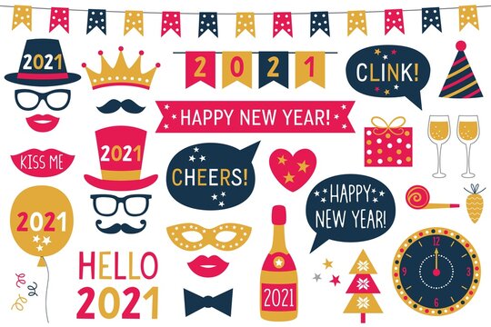 New Year 2021 vector photo booth props - hats, eyeglasses, lips, mustaches