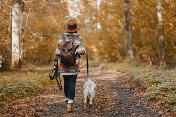 Fototapeta premium Stylish woman with backpack hiking with white dog in sunny autumn woods. Cute swiss shepherd puppy
