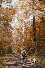 Fototapeta premium Stylish woman with backpack hiking with white dog in sunny autumn woods. Cute swiss shepherd puppy