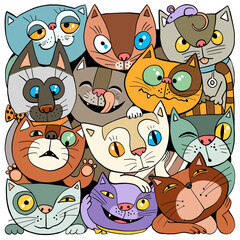 Vector illustration. Funny cartoon. Cheerful crowd of multicolored cats. Square print.