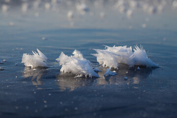 White ice Crystals on a frozen river on a frosty winter morning