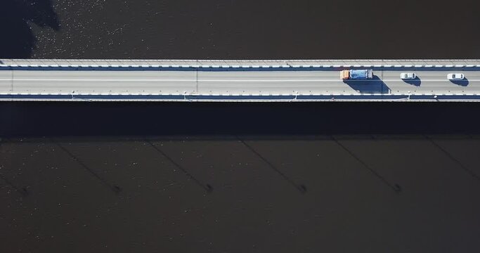 Aerial view of bridge stretching across Lake Ladoga. High quality 4k footage