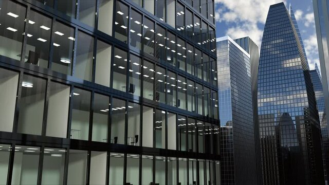 Aerial view to new office building windows with empty offices for commercial using. Downtown with financial companies, insurance agencies, exchange-traded funds. Success area for real estate agent.