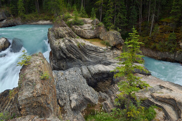 Natural bridge twisted rocks on Kicking Horse river