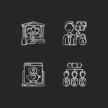 Digital Crowdfunding Platforms Chalk White Icons Set On Black Background. Peer To Peer Lending Strategy. Helping Other People With Money. Isolated Vector Chalkboard Illustrations